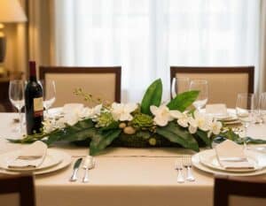 Deko Tischgestecke länglich auf einem Tisch Deko Tischgestecke länglich auf einem Tisch