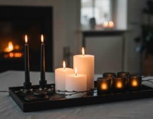 Ein Tablett in Schwarz mit Kerzen